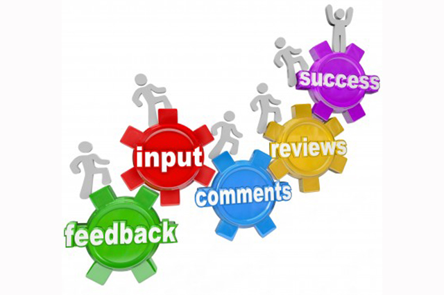Six cogs bearing the words feedback, input, comments, reviews and success respectively