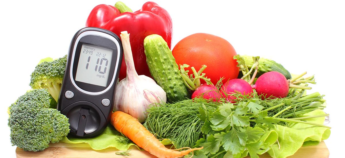 Slide Image showing healthy food choices and diabetes monitoring device