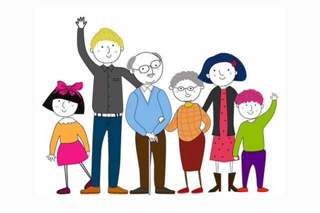 Colourful drawing of multigenerational family group