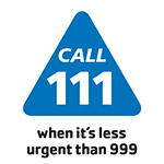 Logo NHS 111 service. Call 111 when its less than 999.